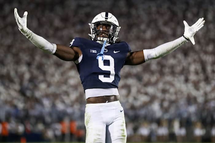 Penn State cornerback Joey Porter Jr. gestures to Nittany Lions fans at Beaver Stadium.